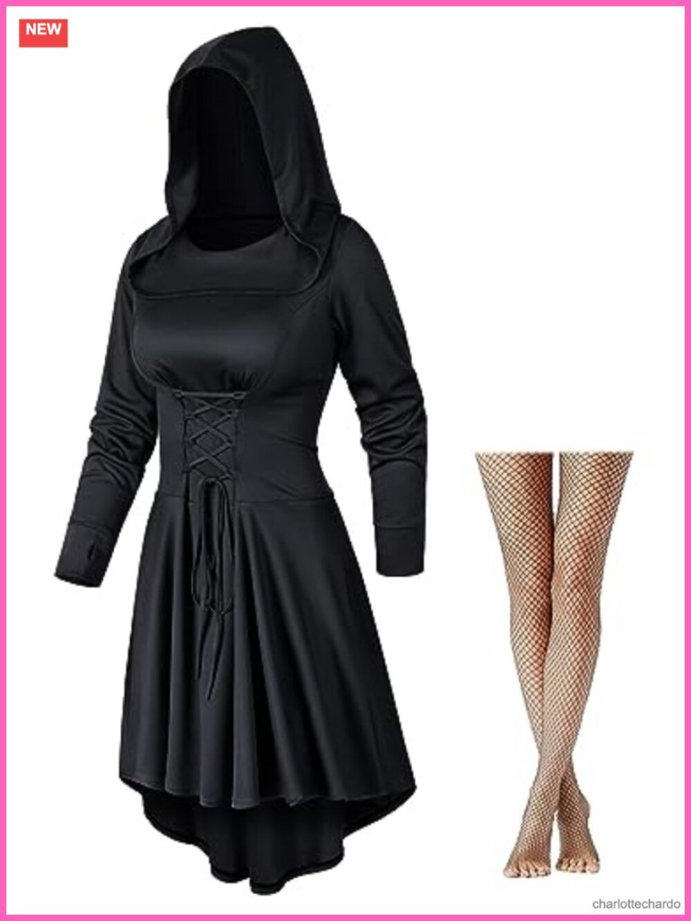 Vintage High Low Pullover Medieval Hooded Robe Cosplay Net Leggings Set